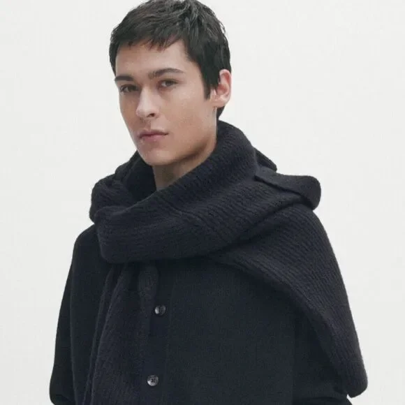 Zara Man Knit Wear Sweater Cardigan Button Down Pockets Mock Collar Black